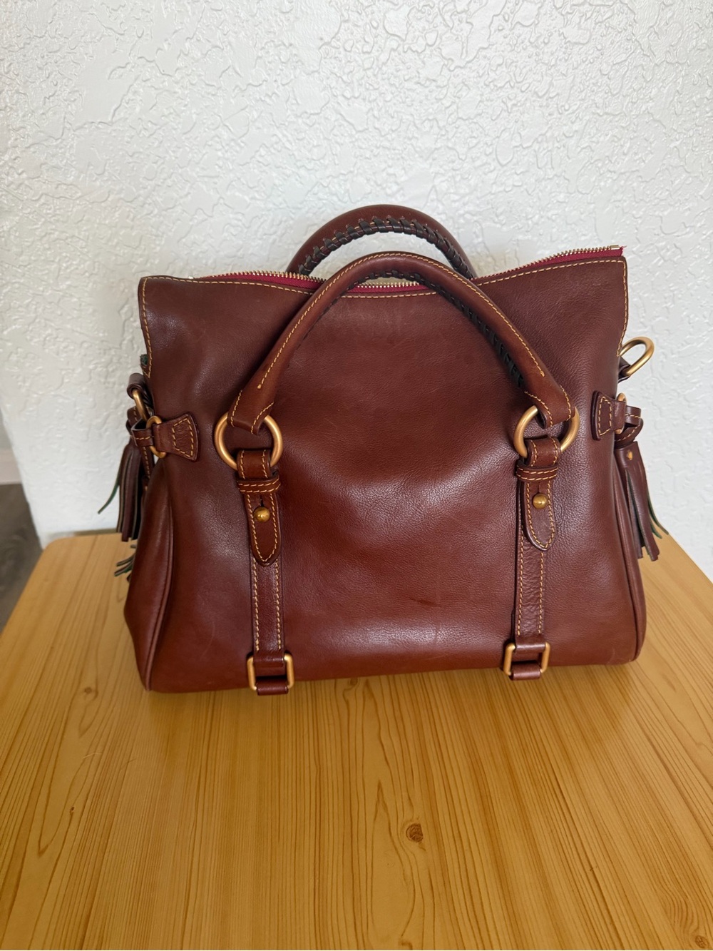 Dooney & Bourke Brown Leather Satchel with Green Accent - Picture 3 of 3